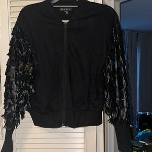 Women’s letterman sweat jacket with faux leather fringe sleeves